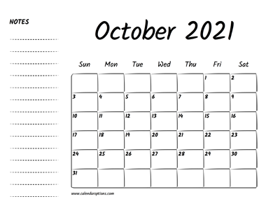 October 2021 Printable Calendar