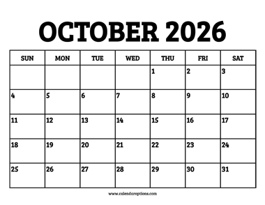 October 2026 Calendar Printable