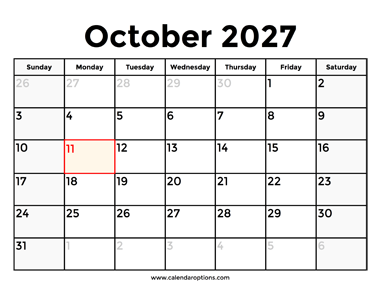 October 2027 Calendar With Holidays
