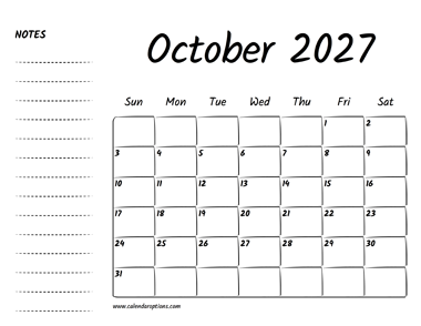 October 2027 Printable Calendar
