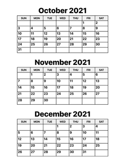 October, November and December 2021 Calendar