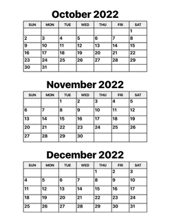October, November and December 2022 Calendar