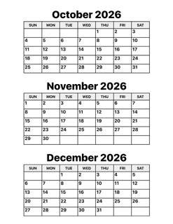 October, November and December 2026 Calendar