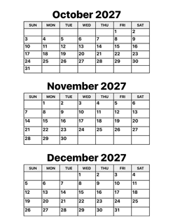 October, November and December 2027 Calendar