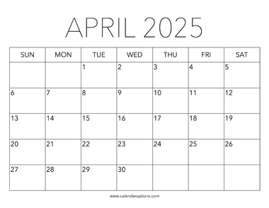 Printable April 2025 Calendar