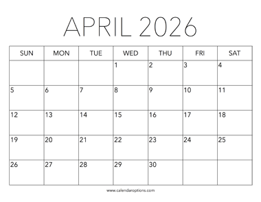 Printable April 2026 Calendar