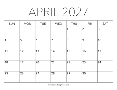 Printable April 2027 Calendar