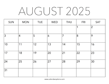 Printable August 2025 Calendar