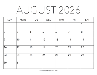 Printable August 2026 Calendar