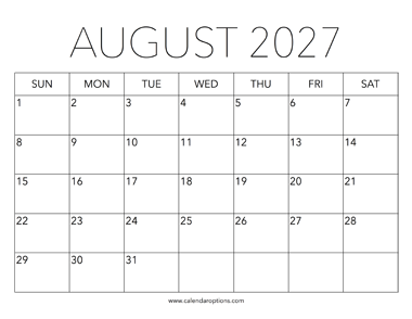 Printable August 2027 Calendar