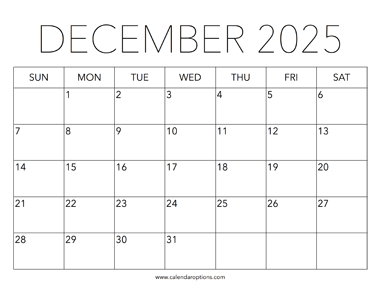Printable December 2025 Calendar