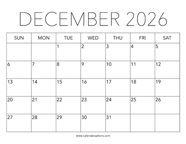 Printable December 2026 Calendar