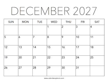 Printable December 2027 Calendar