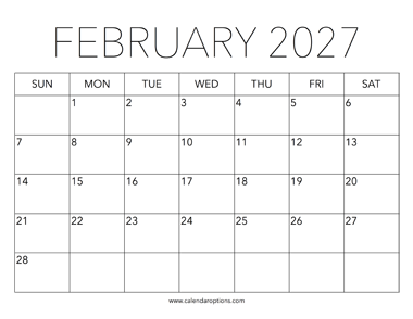 Printable February 2027 Calendar