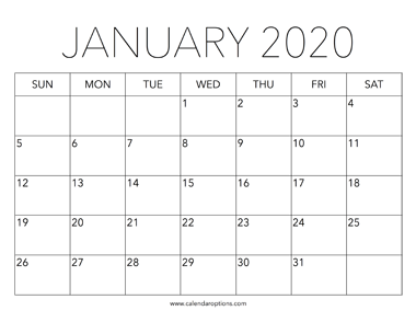 Printable January 2020 Calendar