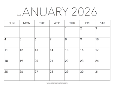 Printable January 2026 Calendar