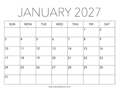 Printable January 2027 Calendar
