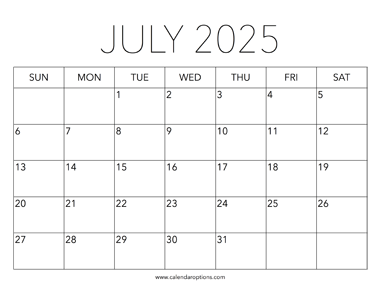 Printable July 2025 Calendar