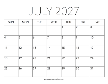 Printable July 2027 Calendar