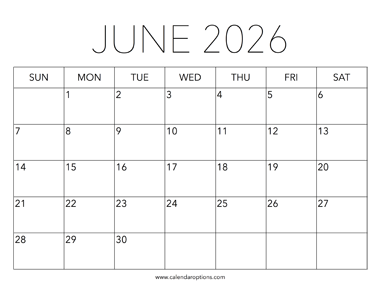 Printable June 2026 Calendar
