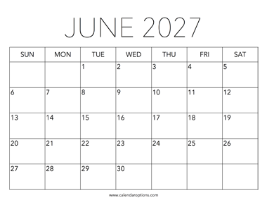 Printable June 2027 Calendar