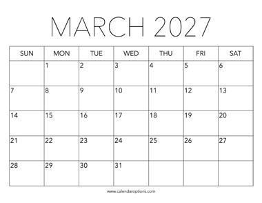 Printable March 2027 Calendar