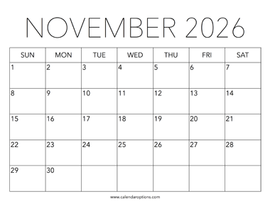 Printable November 2026 Calendar