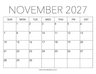 Printable November 2027 Calendar