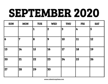 September 2020 Calendar Printable