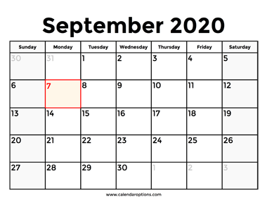 September 2020 Calendar With Holidays