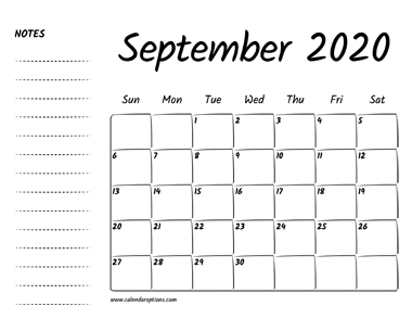 September 2020 Printable Calendar