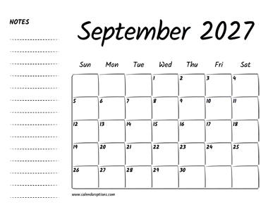 September 2027 Printable Calendar