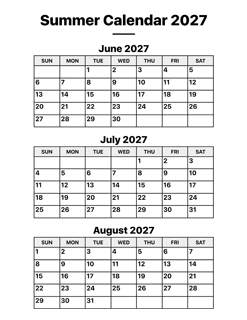 Summer 2027 Calendar