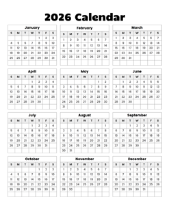 Year at a glance calendar 2026