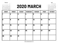 2020 March Calendar