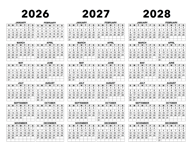 3 Year Calendar 2026 to 2028