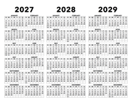 3 Year Calendar 2027 to 2029