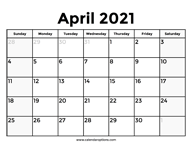 April 2021 Calendar With Holidays