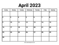 April 2023 Calendar