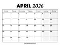 April 2026 Calendar Monday Start