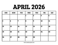 April 2026 Calendar Printable