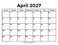 April 2027 Calendar With Holidays