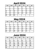April, May and June 2024 Calendar