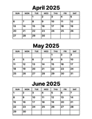 April, May and June 2025 Calendar