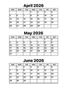 April, May and June 2026 Calendar