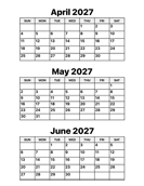 April, May and June 2027 Calendar