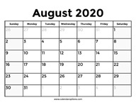 August 2020 Calendar With Holidays