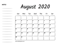 August 2020 Printable Calendar
