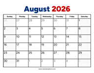 August 2026 Calendar PDF