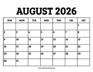 August 2026 Calendar Printable